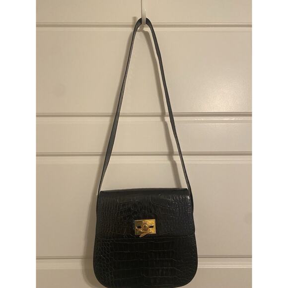 Genny Leather Shoulder Bag Black Croc Embossed Made in Italy Gold Hardware-Card - Picture 16 of 16